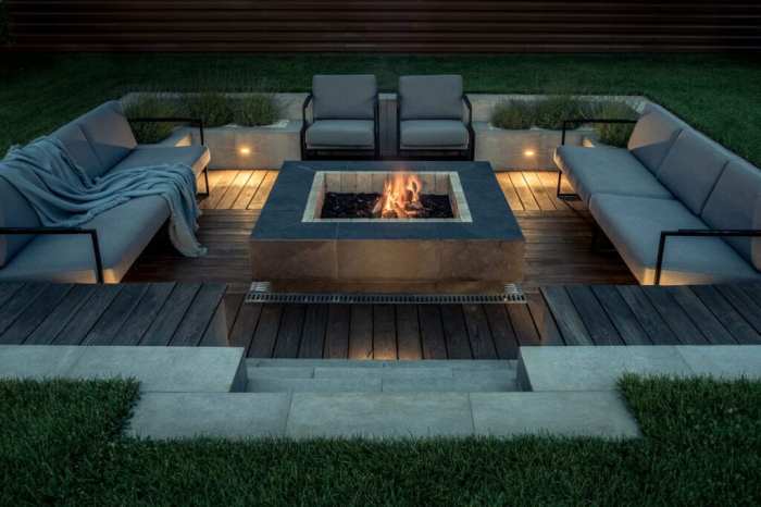 Outdoor modern living patio space fire pit park hill backyard ideas designs bench seating concrete built sleek white spaces contemporary